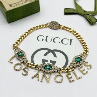 Gucci Gold Green Curb Chain Letter Charm Pendant Necklace