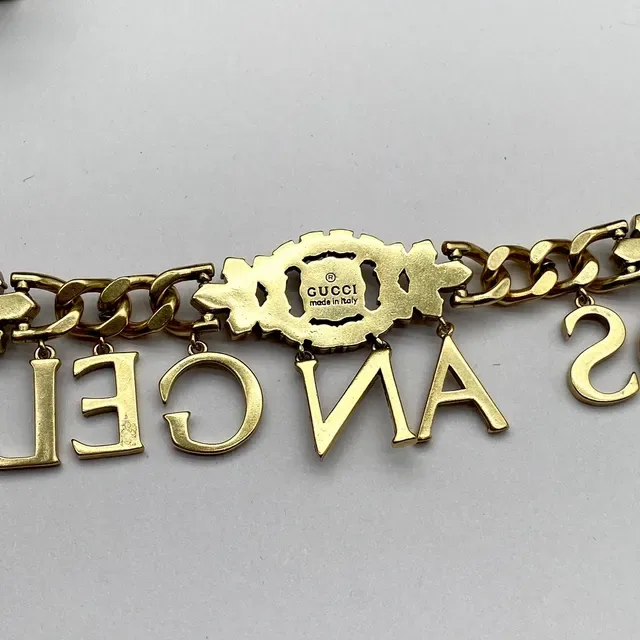 Gucci Gold Green Curb Chain Letter Charm Pendant Necklace 2