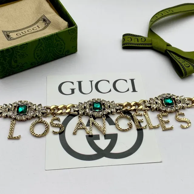 Gucci Gold Green Curb Chain Letter Charm Pendant Necklace 3