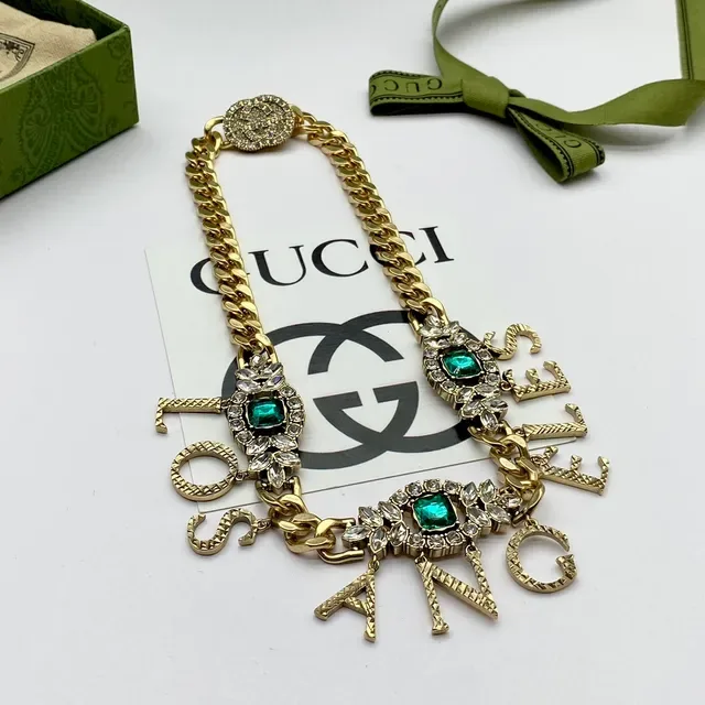 Gucci Gold Green Curb Chain Letter Charm Pendant Necklace 4