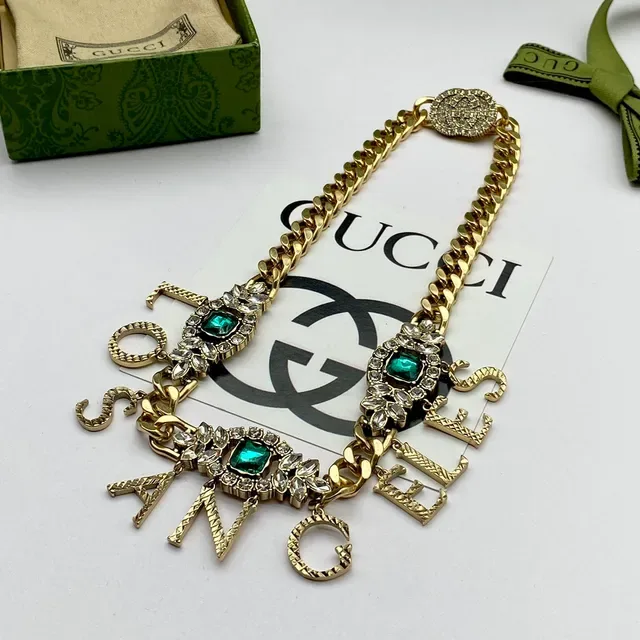 Gucci Gold Green Curb Chain Letter Charm Pendant Necklace 5
