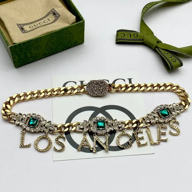 Gucci Gold Green Curb Chain Letter Charm Pendant Necklace 6