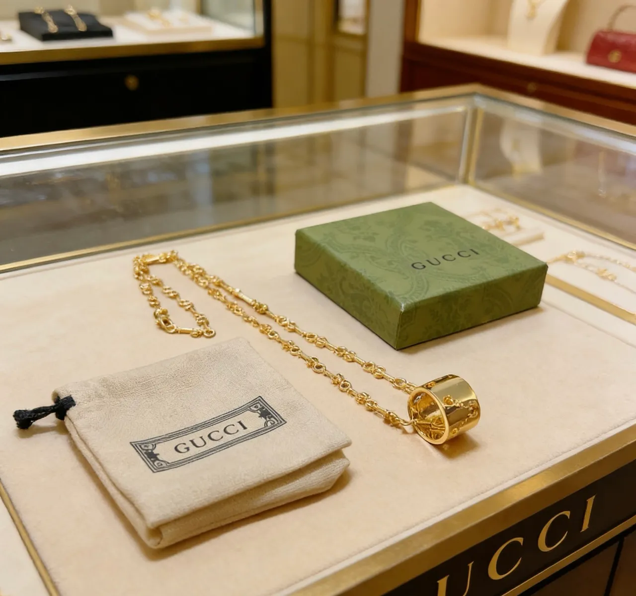 Gucci Gold Twisted-Link Chain Cylindrical Pendant Necklace 6