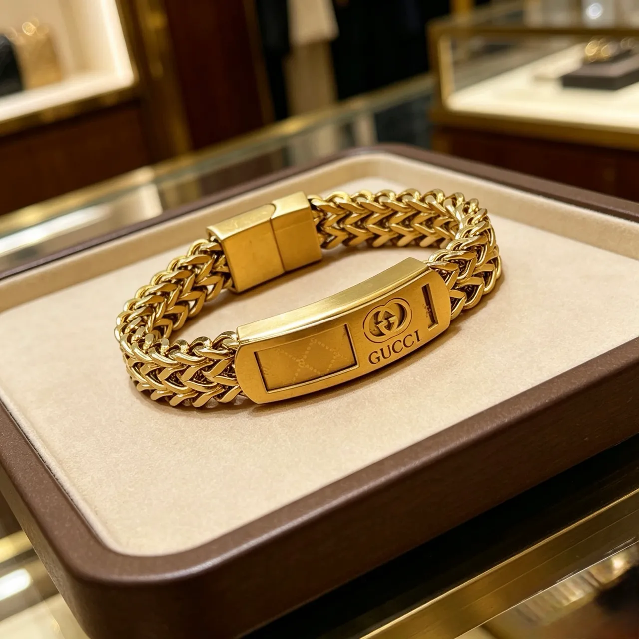 Gucci Gold Woven Chain Rectangular Plaque Bracelet 7