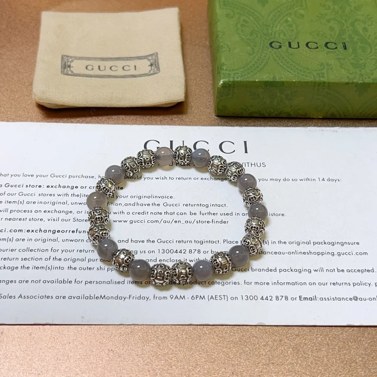 Gucci Gray Silver Beaded Alternating Stone And Metal Jewelry 3