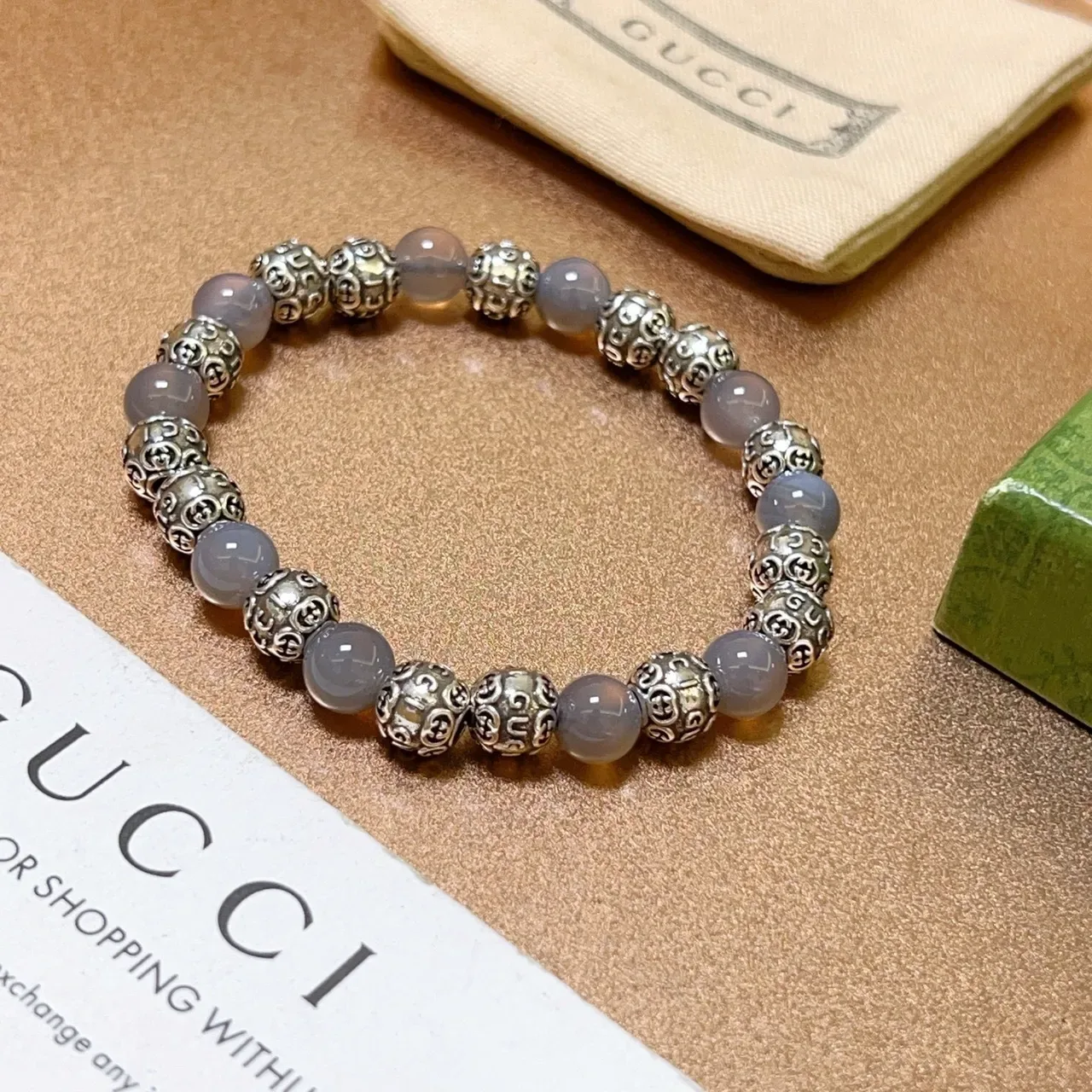 Gucci Gray Silver Beaded Alternating Stone And Metal Jewelry 4