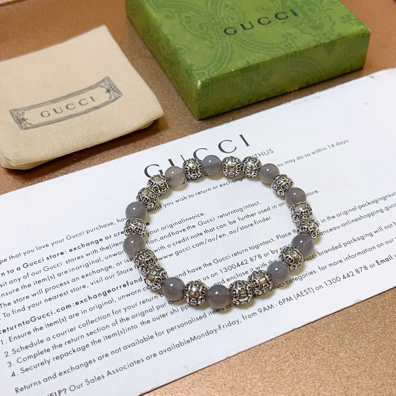 Gucci Gray Silver Beaded Alternating Stone And Metal Jewelry 6