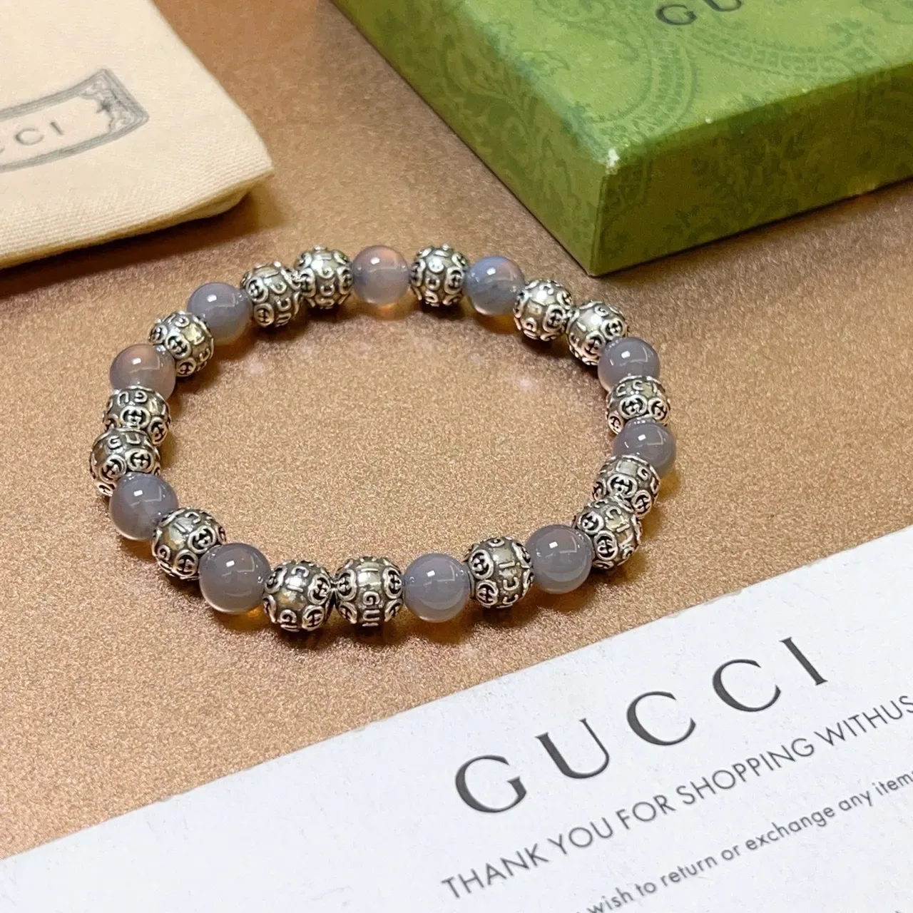 Gucci Gray Silver Beaded Alternating Stone And Metal Jewelry 8