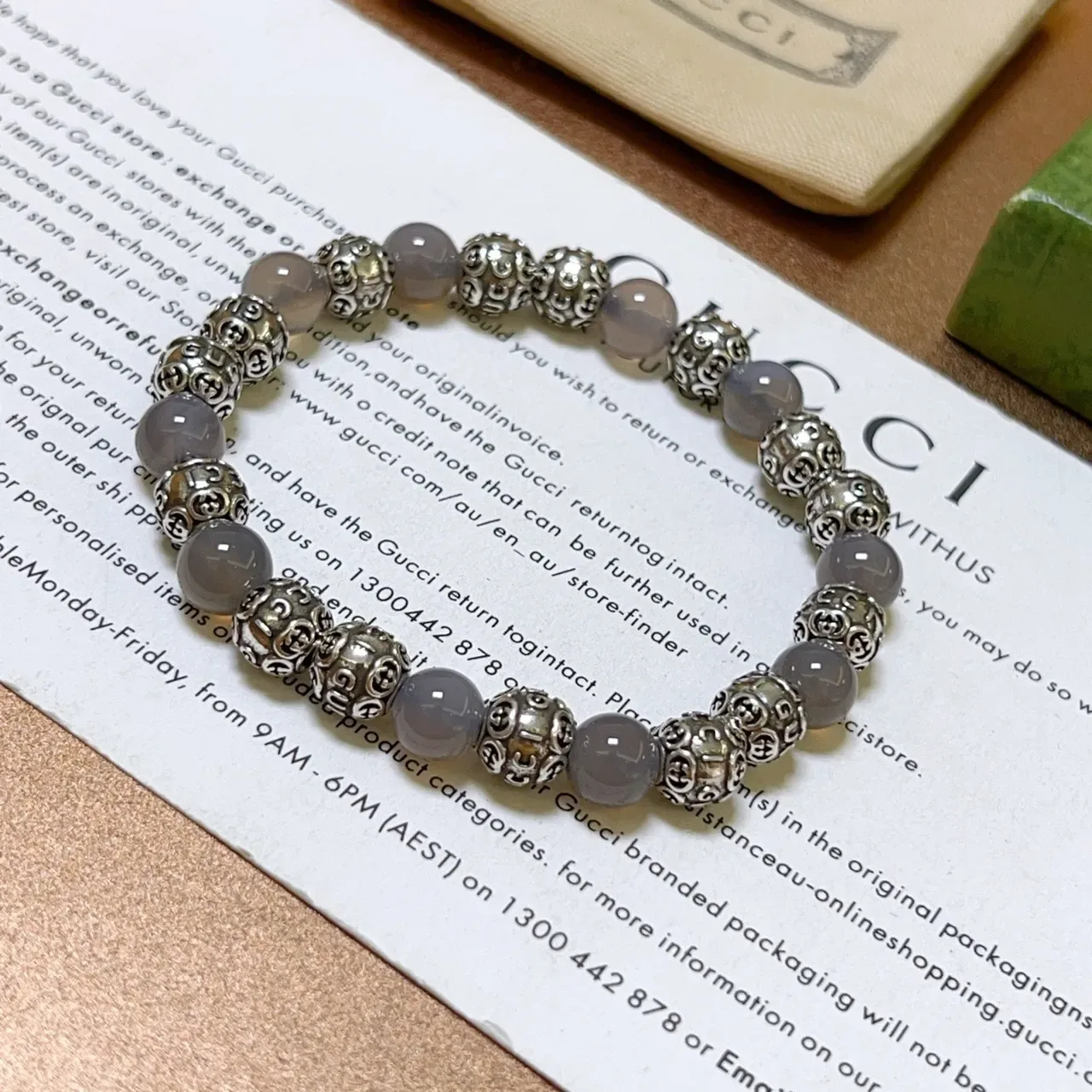 Gucci Gray Silver Beaded Alternating Stone And Metal Jewelry 9