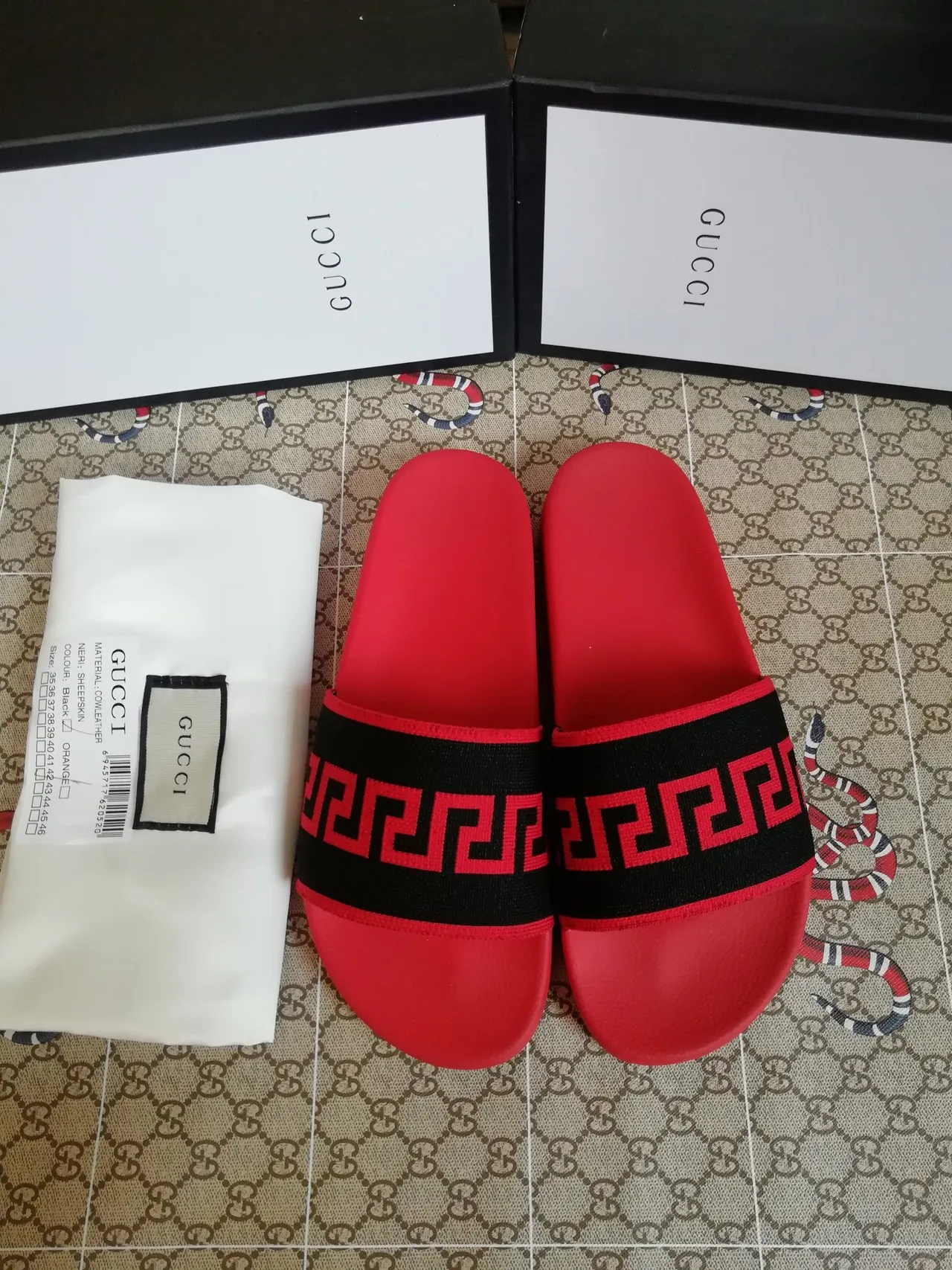 Gucci Greca Slide Red and Black Rubber Slippers 2