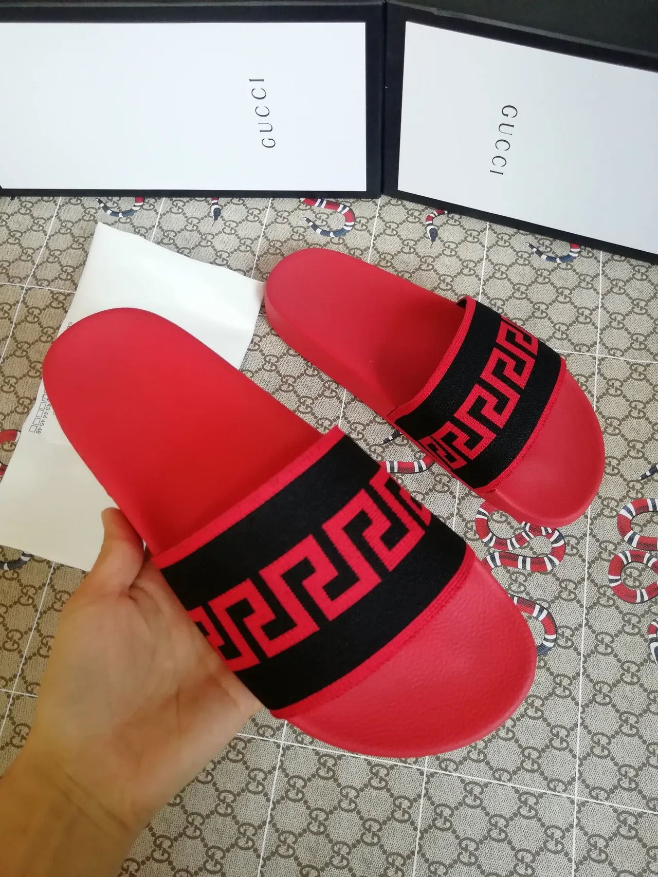 Gucci Greca Slide Red and Black Rubber Slippers 3