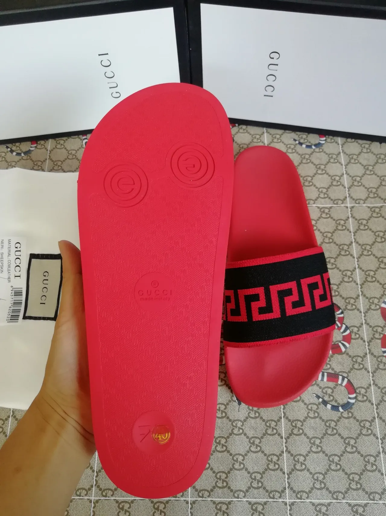 Gucci Greca Slide Red and Black Rubber Slippers 4