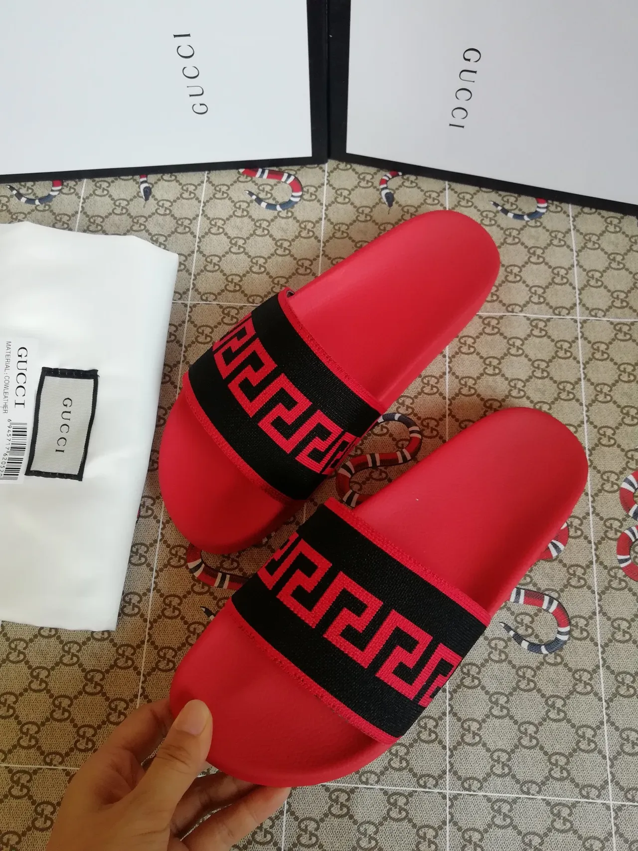 Gucci Greca Slide Red and Black Rubber Slippers 5