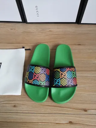 Gucci Green Multicolor Single-Strap Slide Rubber Sole Slippers 1