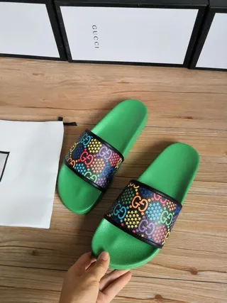 Gucci Green Multicolor Single-Strap Slide Rubber Sole Slippers 5