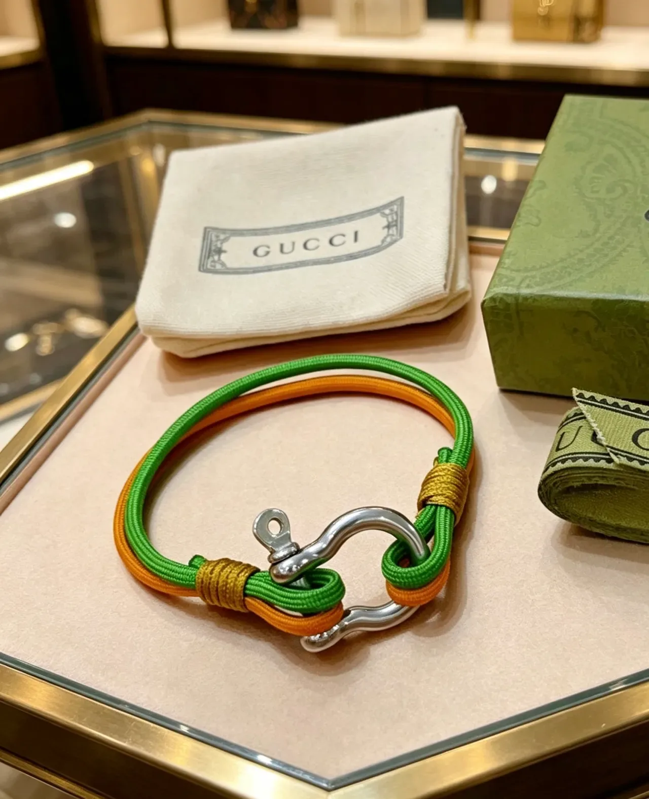 Gucci Green Orange Braided Rope Dual-Tone Cord Bracelet 3