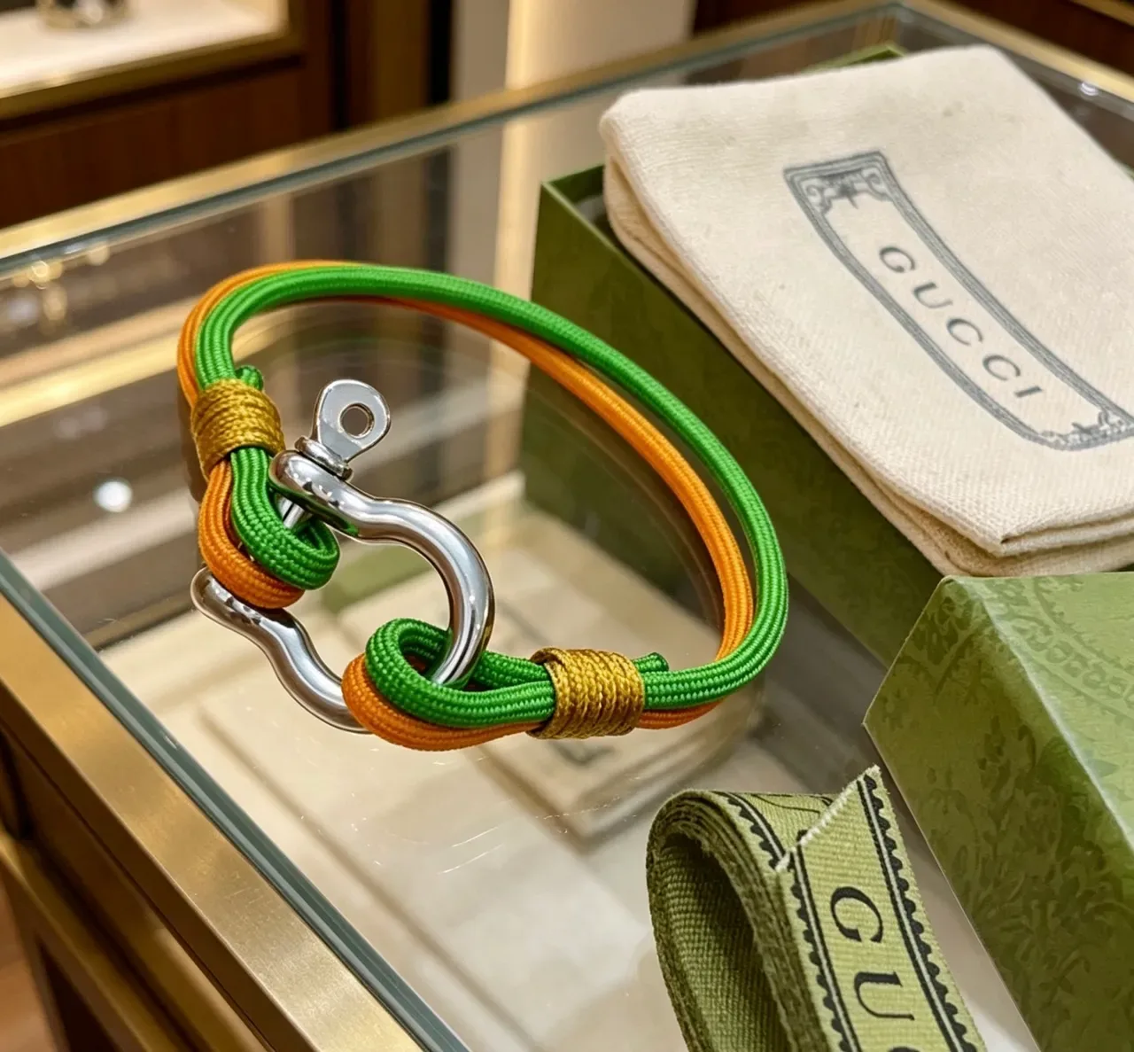 Gucci Green Orange Braided Rope Dual-Tone Cord Bracelet 4