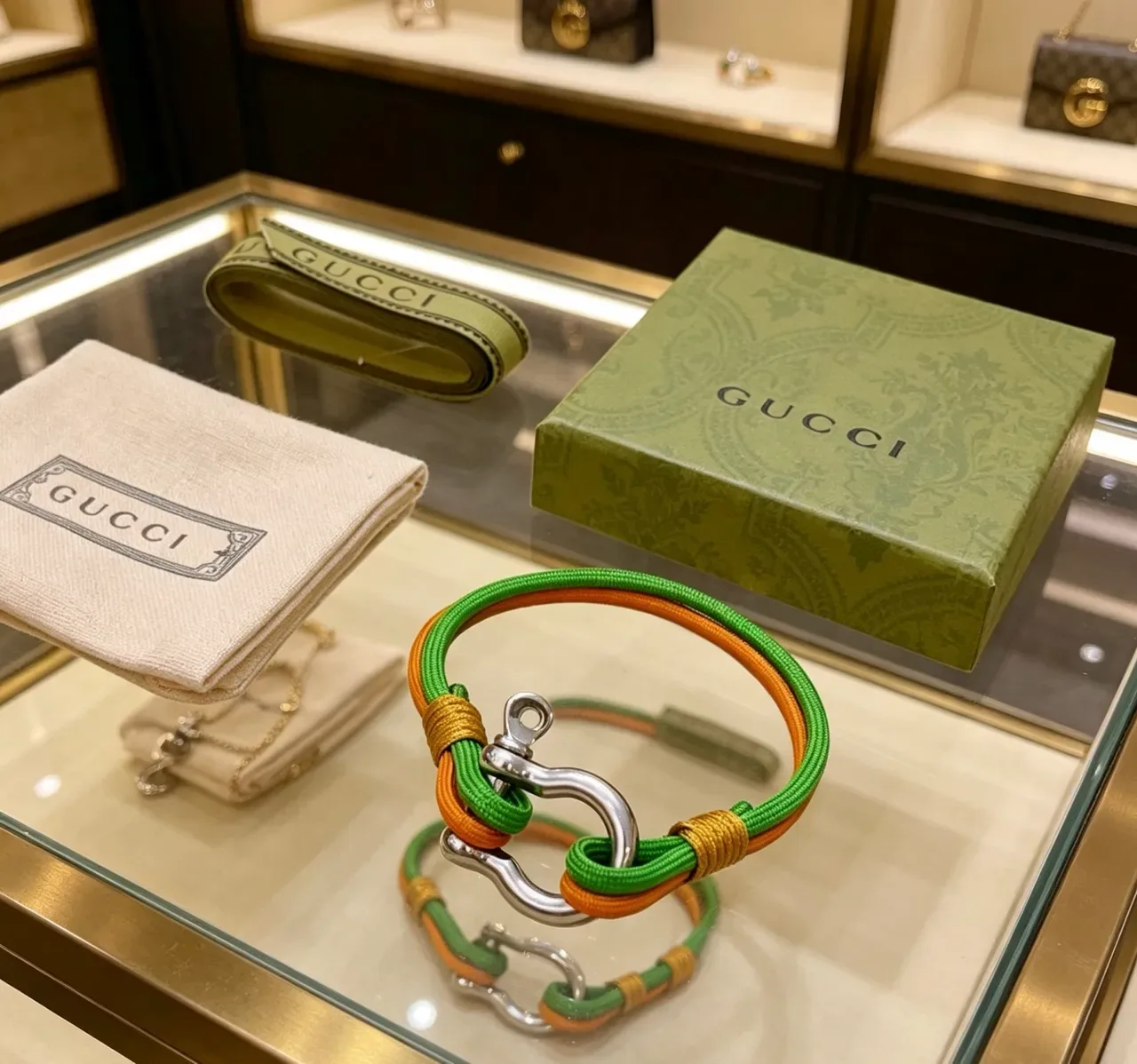 Gucci Green Orange Braided Rope Dual-Tone Cord Bracelet 8