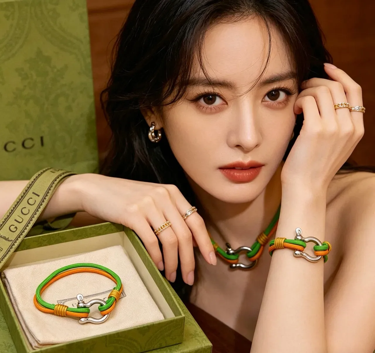 Gucci Green Orange Braided Rope Dual-Tone Cord Bracelet 9