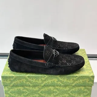 Gucci Horsebit 1955 黑色麂皮 GG 印花 乐福鞋