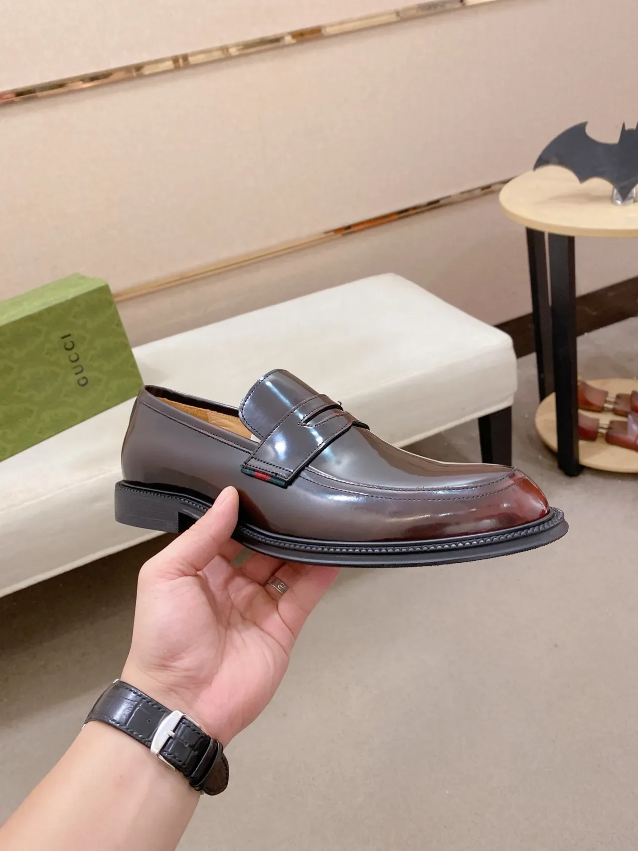 Gucci Horsebit 1955 Brown Black Glossy Patent Leather Moccasin-Stitched Toe Loafer 4