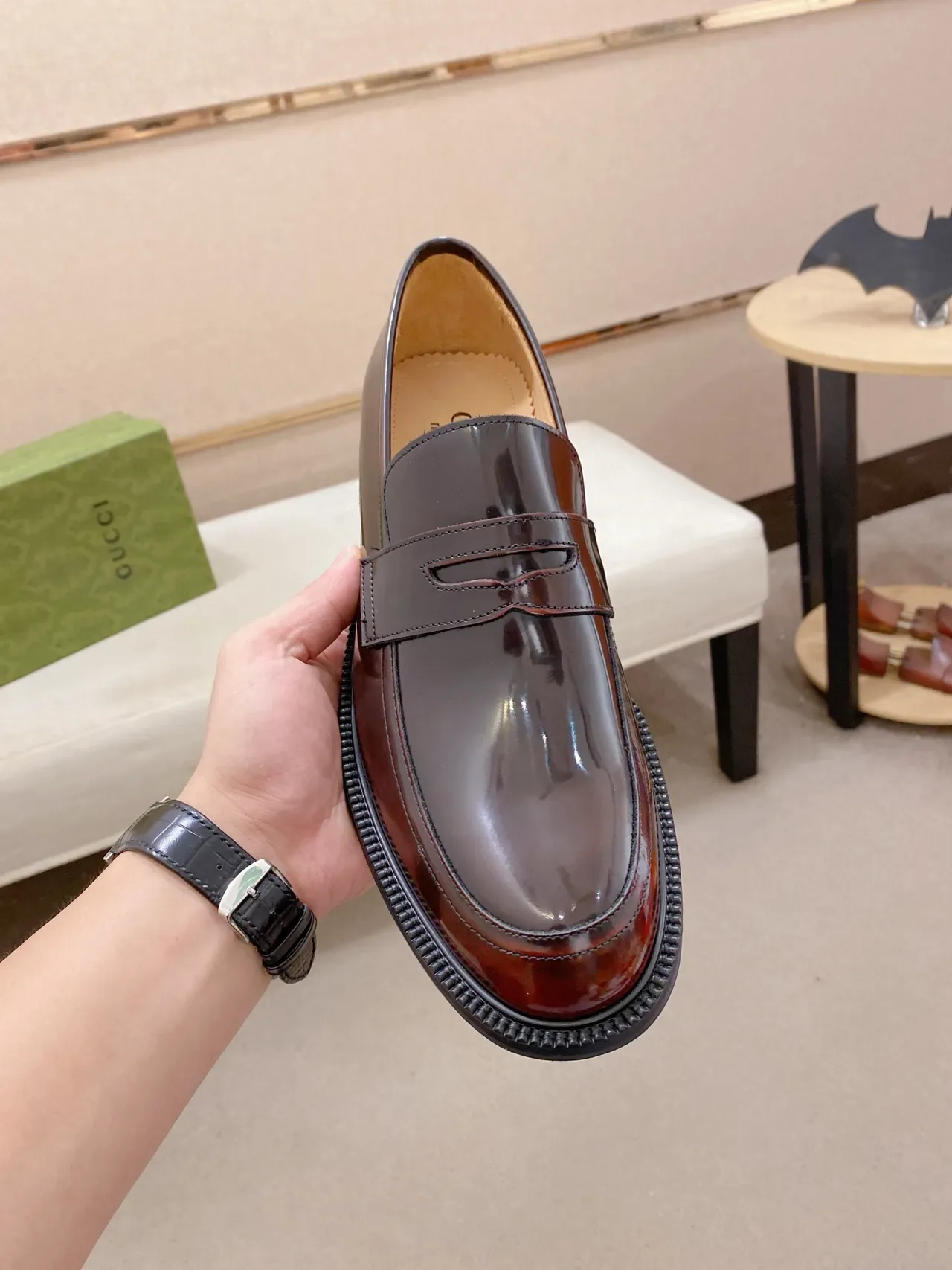 Gucci Horsebit 1955 Brown Black Glossy Patent Leather Moccasin-Stitched Toe Loafer 5