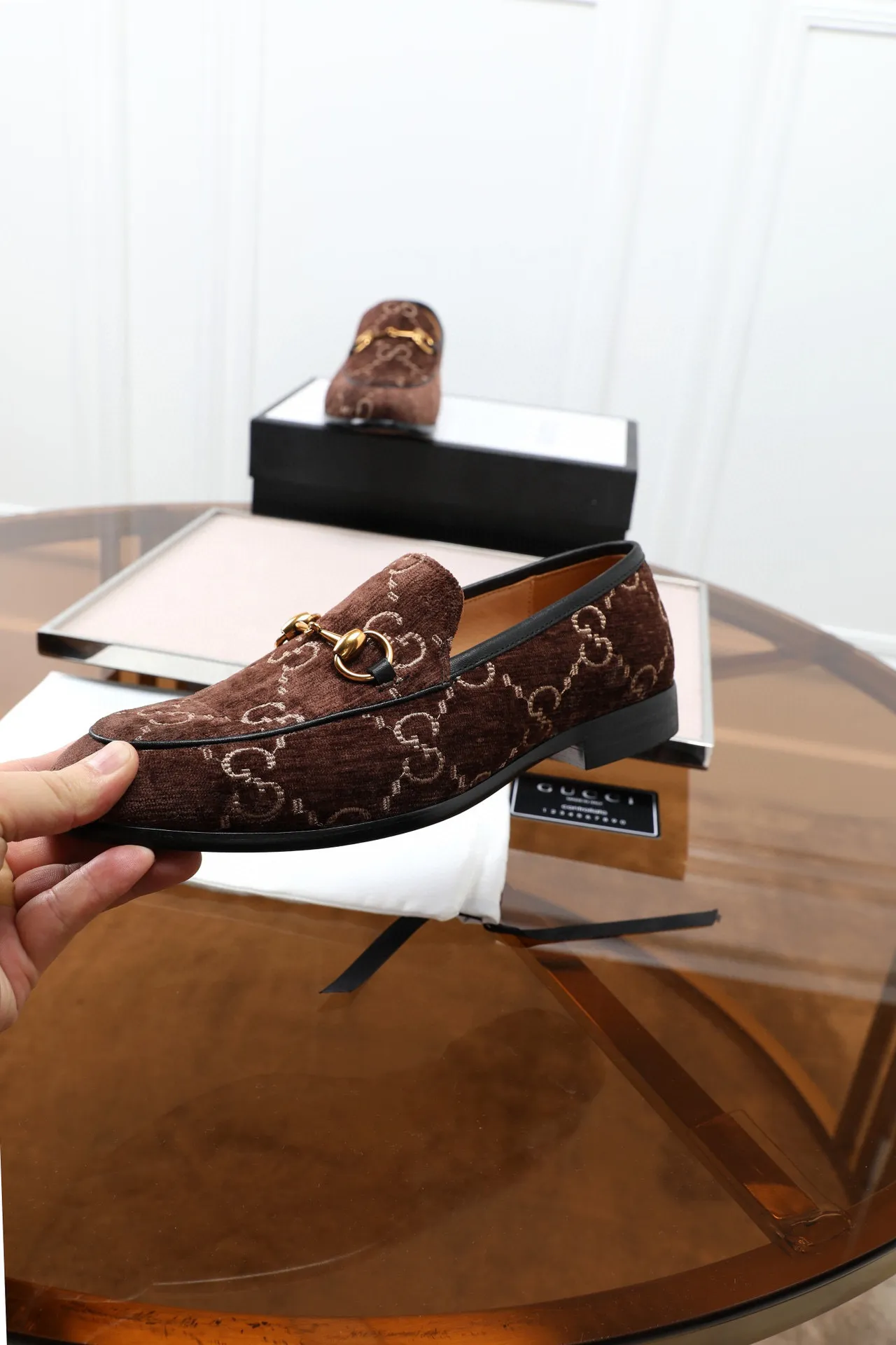 Gucci Horsebit 1955 Brown Velvet GG Monogram Loafers 6