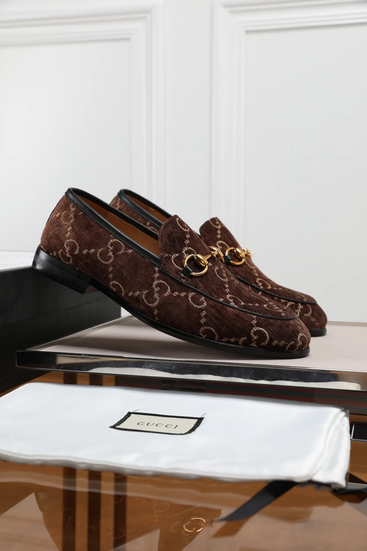 Gucci Horsebit 1955 Brown Velvet GG Monogram Loafers 7