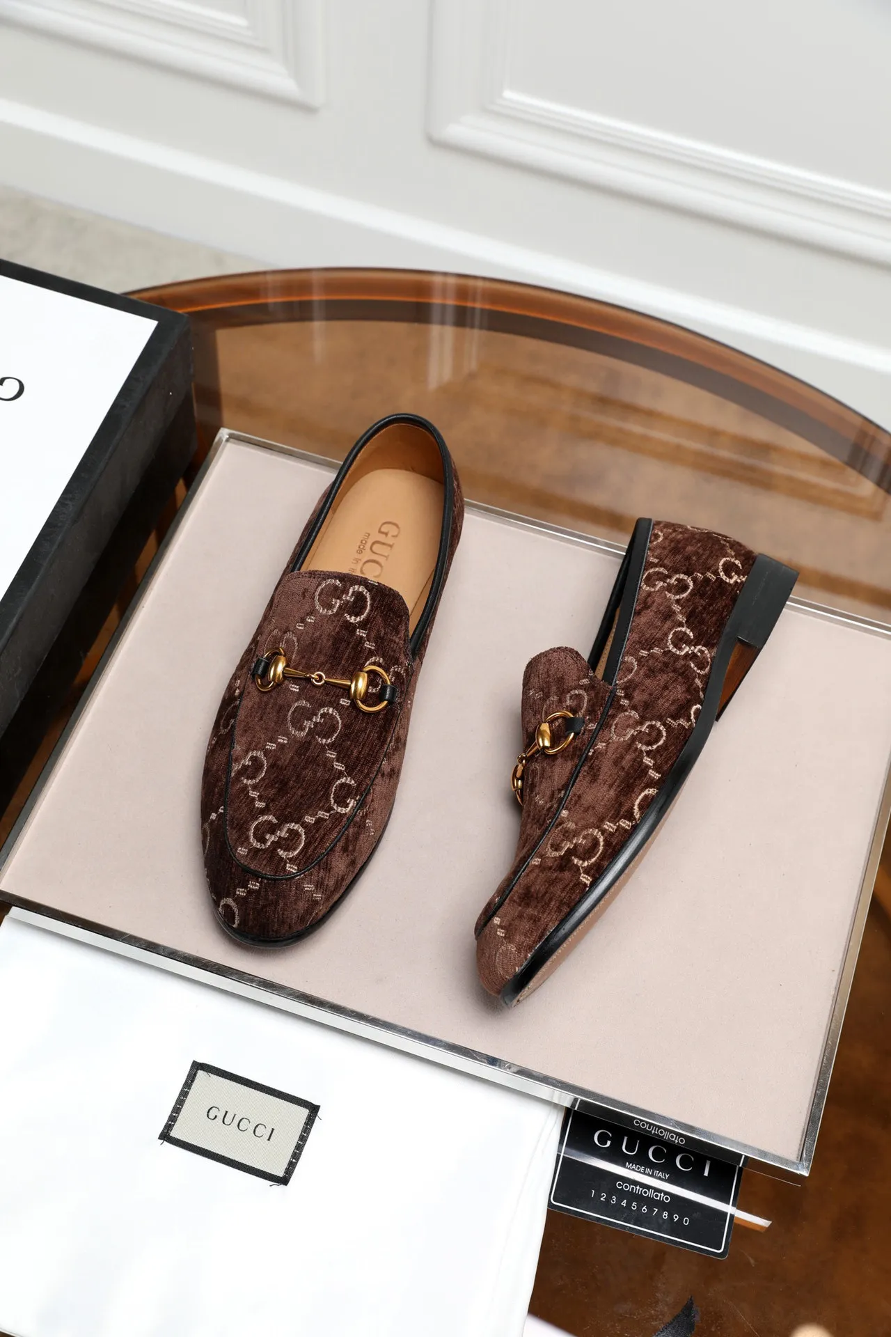 Gucci Horsebit 1955 Brown Velvet GG Monogram Loafers 8