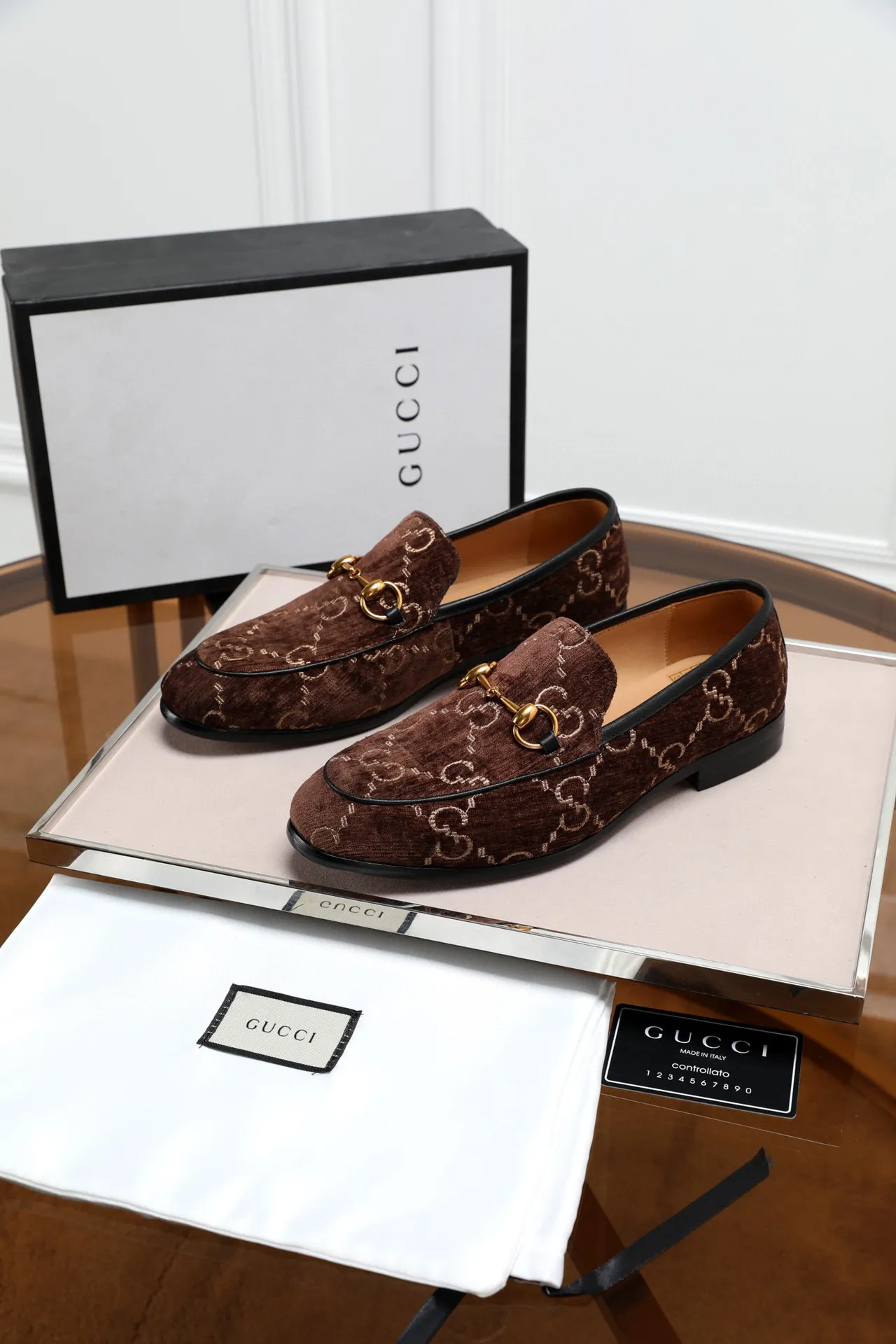 Gucci Horsebit 1955 Brown Velvet GG Monogram Loafers 9