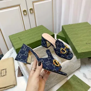 Gucci Horsebit 1955 GG Monogram Denim Gold Horsebit Slippers