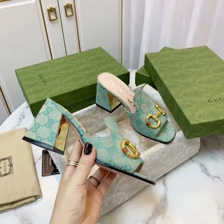 Gucci Horsebit 1955 Green Gold GG Monogram Canvas Buckle Casual Sandals