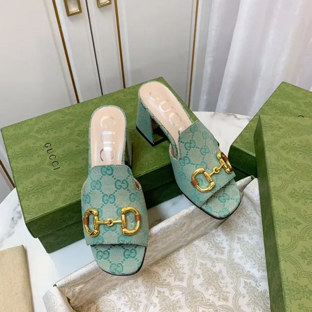Gucci Horsebit 1955 Verde Ouro GG Monograma Lona Fivela Sandálias Casual 2