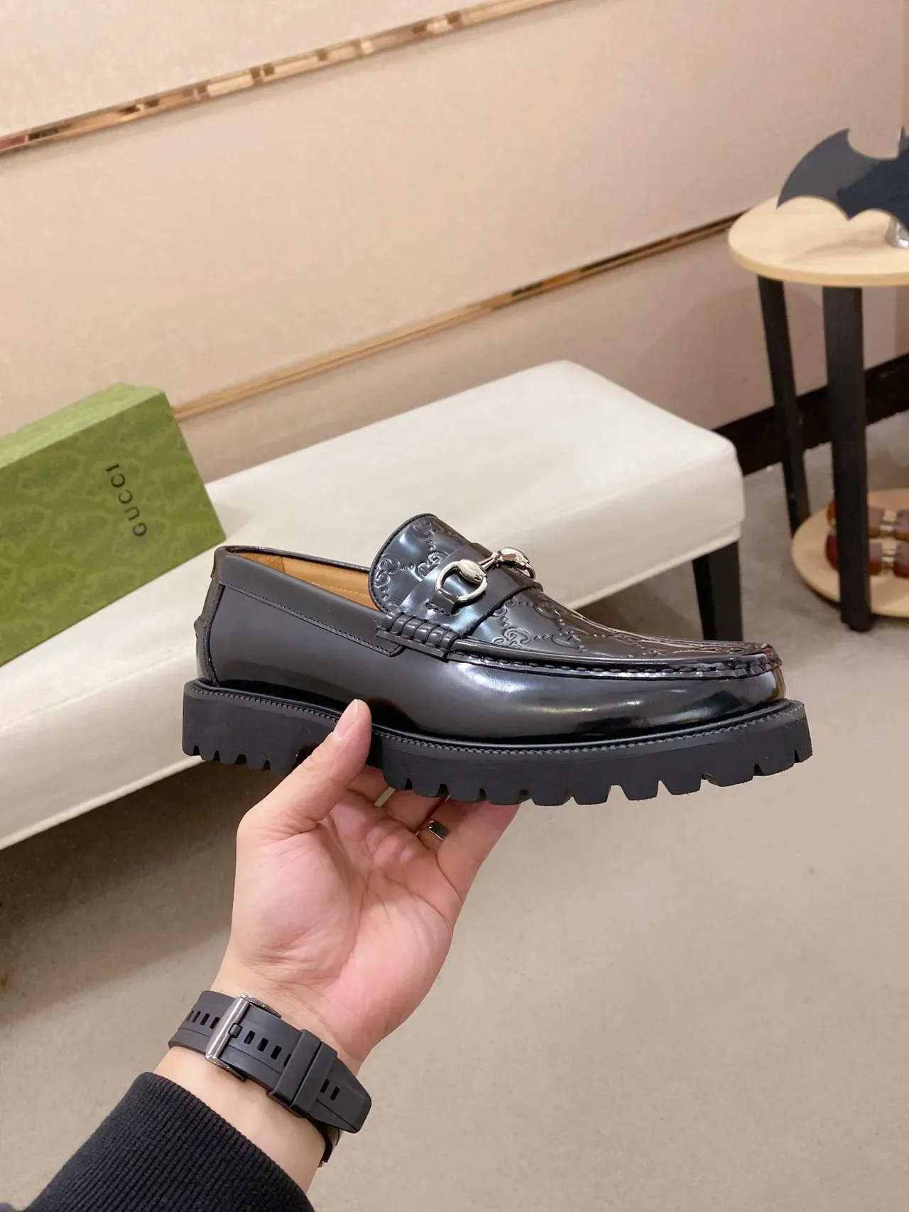 Gucci Horsebit 1955 Loafer Black Patent Leather Lug Sole Loafers 6