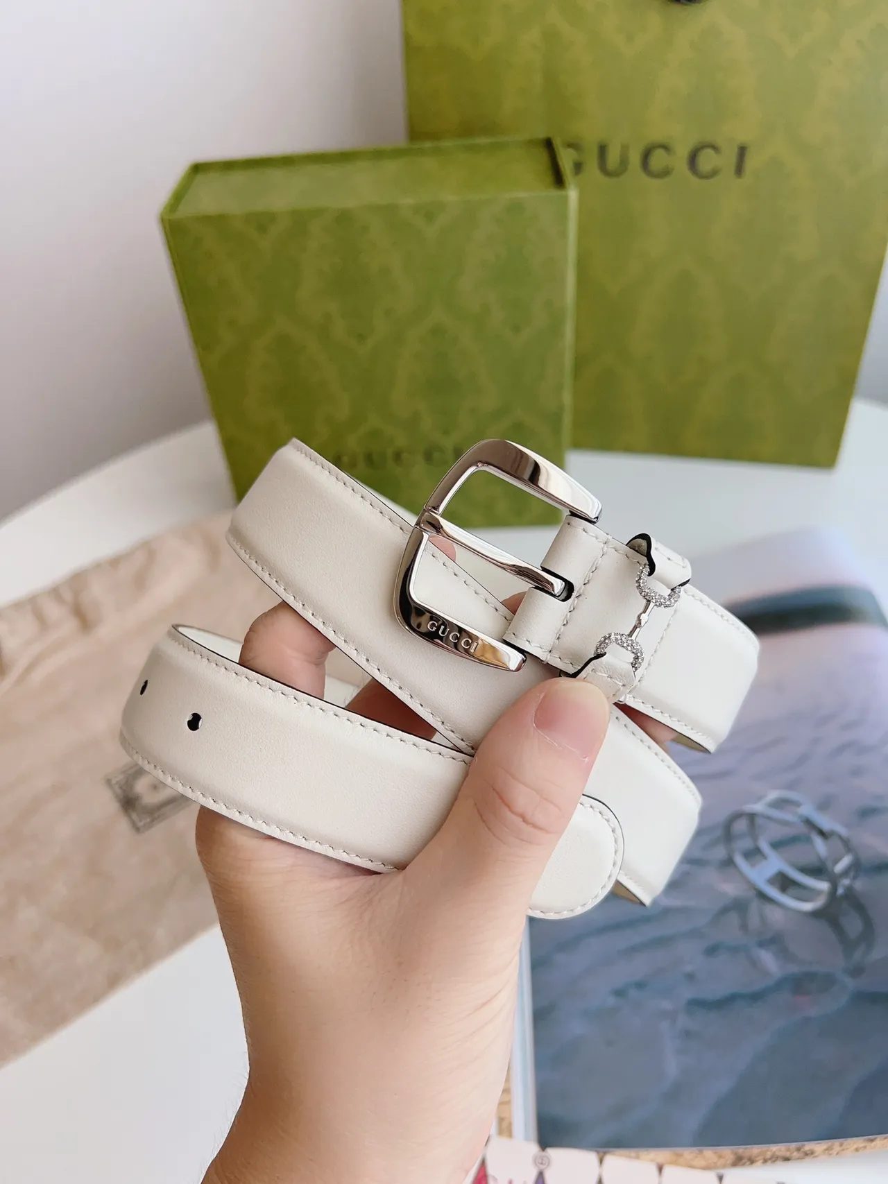 Gucci Horsebit 1955 Off-White Crystal-Embellished Leather Belt 2