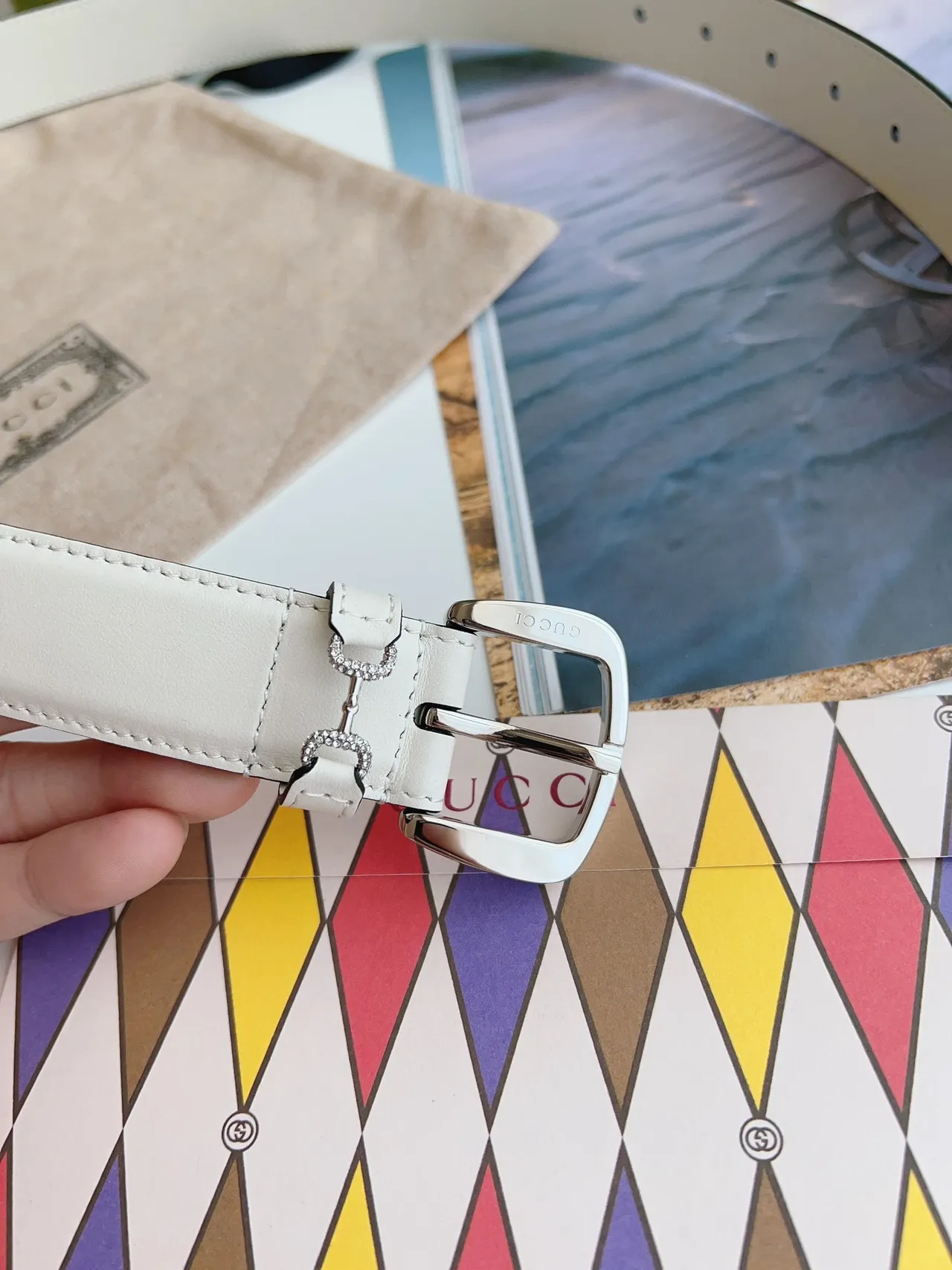 Gucci Horsebit 1955 Off-White Crystal-Embellished Leather Belt 3