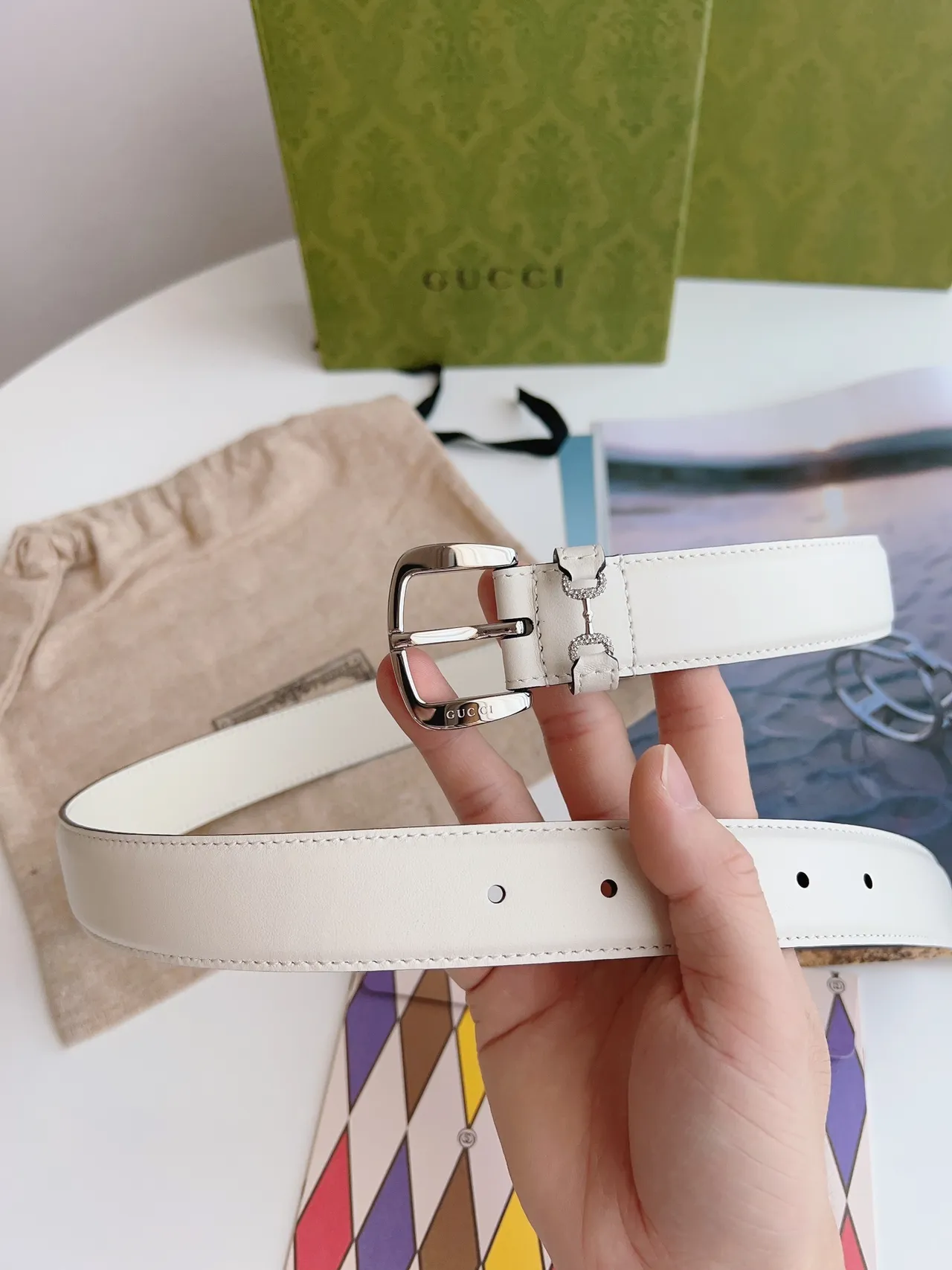Gucci Horsebit 1955 Off-White Crystal-Embellished Leather Belt 4