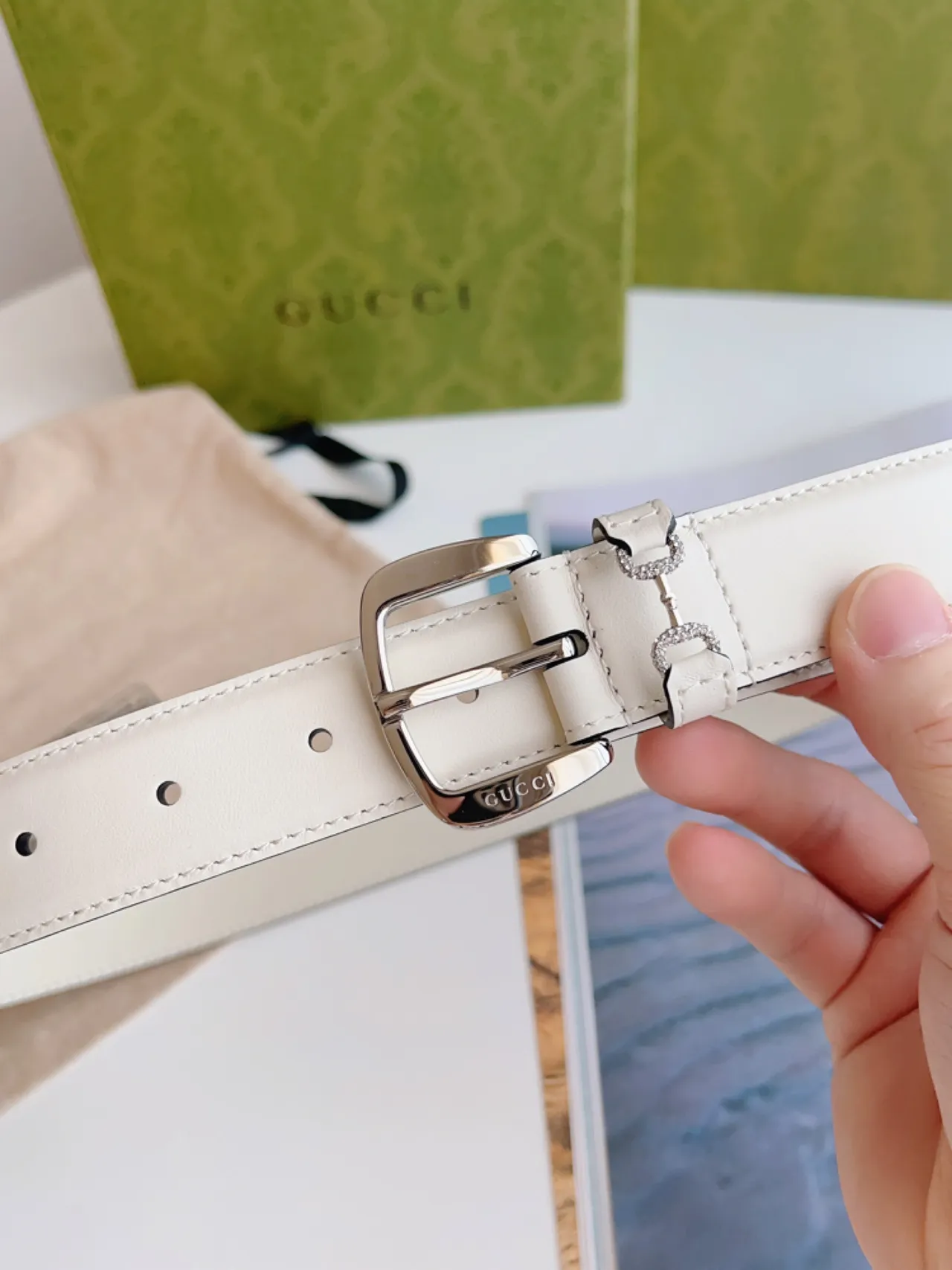 Gucci Horsebit 1955 Off-White Crystal-Embellished Leather Belt 6