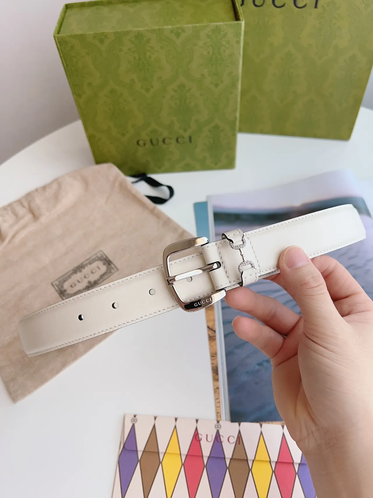 Gucci Horsebit 1955 Off-White Crystal-Embellished Leather Belt 7