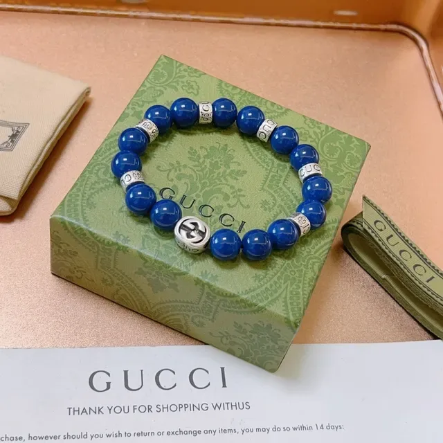Gucci Interlocking G Beaded Bracelet Blue Silver Charm Bracelet 3