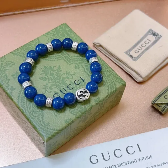 Gucci Interlocking G Beaded Bracelet Blue Silver Charm Bracelet 7