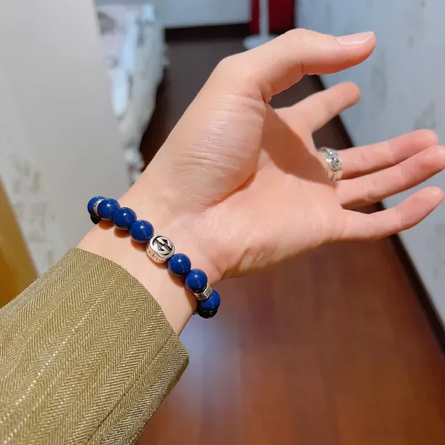Gucci Interlocking G Beaded Bracelet Blue Silver Charm Bracelet 8