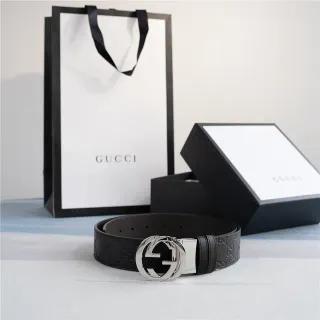 Gucci Interlocking G Belt Black Silver Embossed GG Monogram Buckle Leather Belt