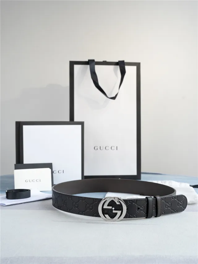 Gucci Interlocking G Preto Prateado Embossado GG Monograma Fivela Couro Cinto 7
