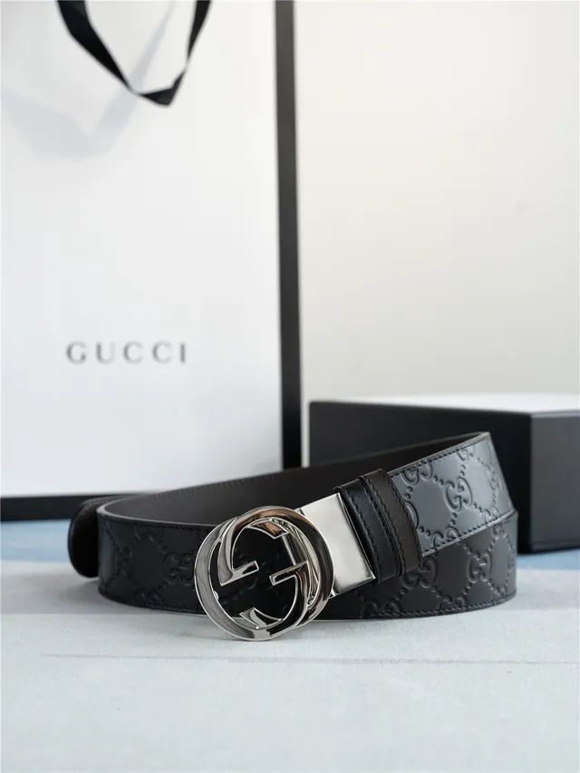 Gucci Interlocking G Preto Prateado Embossado GG Monograma Fivela Couro Cinto 9
