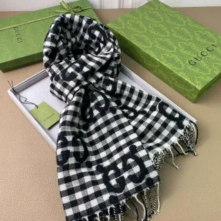 Gucci Interlocking G Checkered Black White Gingham Pattern Monogram Print Scarve