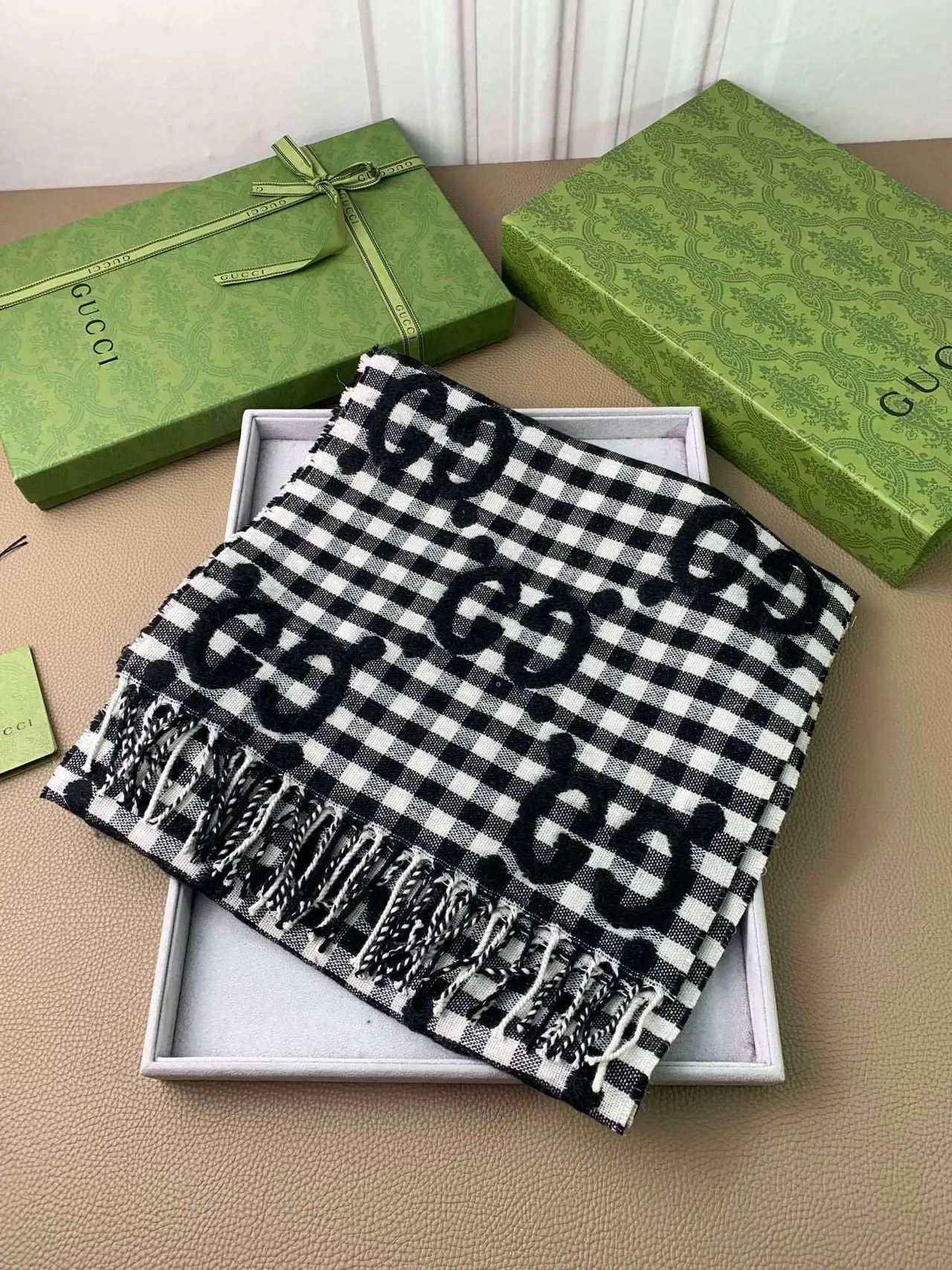 Gucci Interlocking G Checkered Black White Gingham Pattern Monogram Print Scarve 4