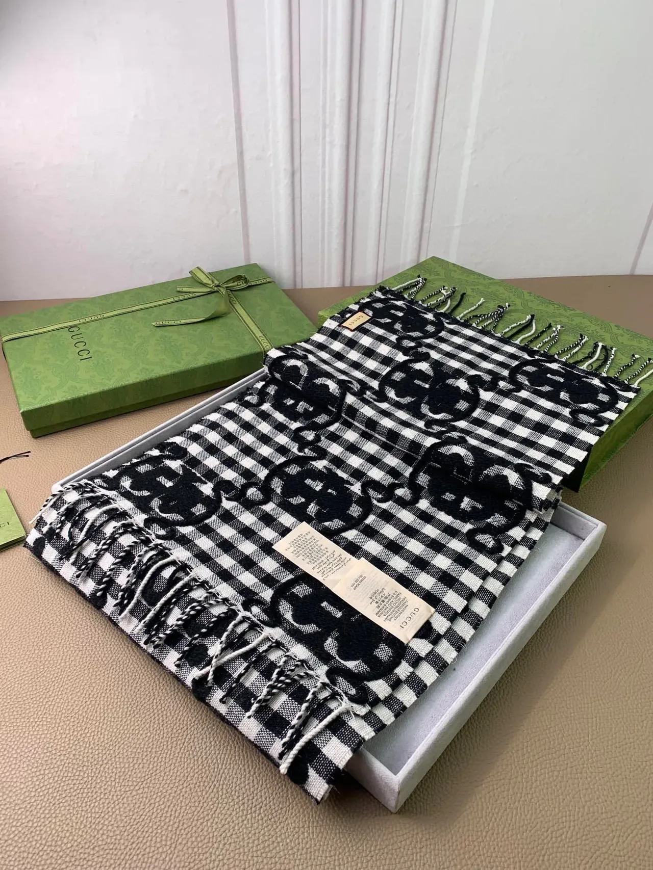 Gucci Interlocking G Checkered Black White Gingham Pattern Monogram Print Scarve 5