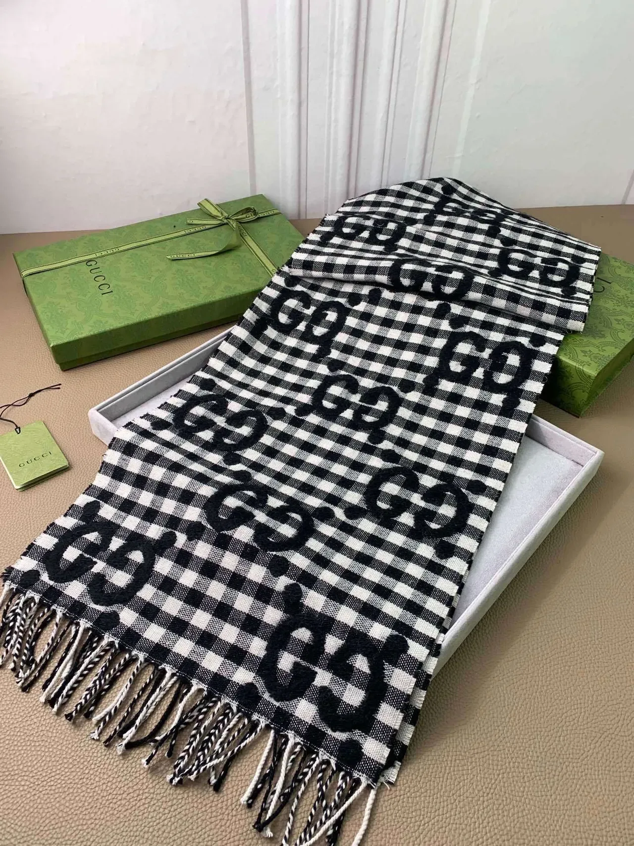 Gucci Interlocking G Checkered Black White Gingham Pattern Monogram Print Scarve 6