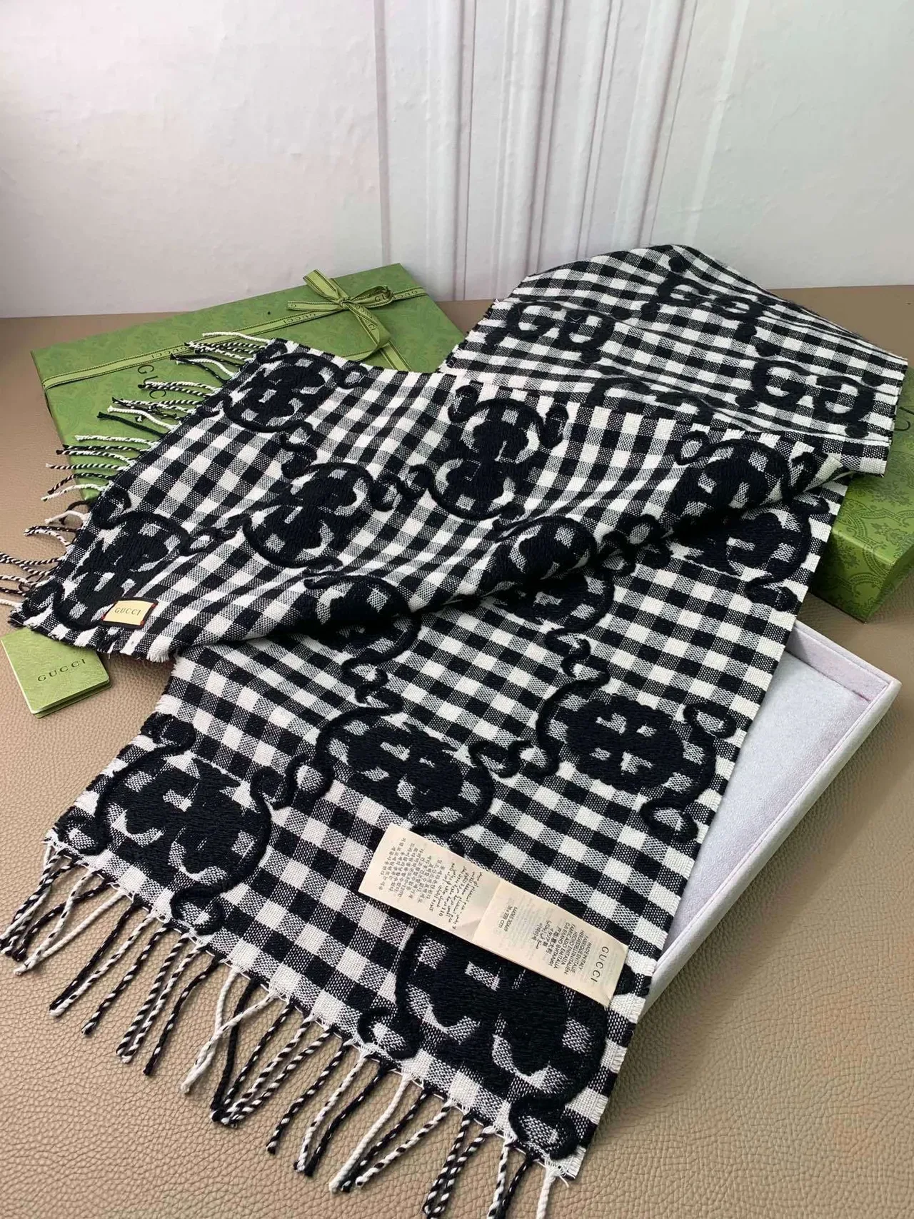 Gucci Interlocking G Checkered Black White Gingham Pattern Monogram Print Scarve 7